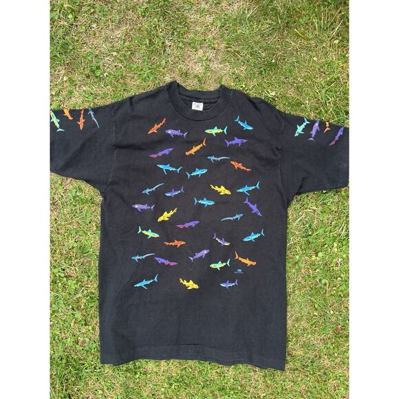 Vintage 90s Hawaiian Shark Single Stitch XL USA Made All Over Shark Dan Gilbert - Picture 1 of 6